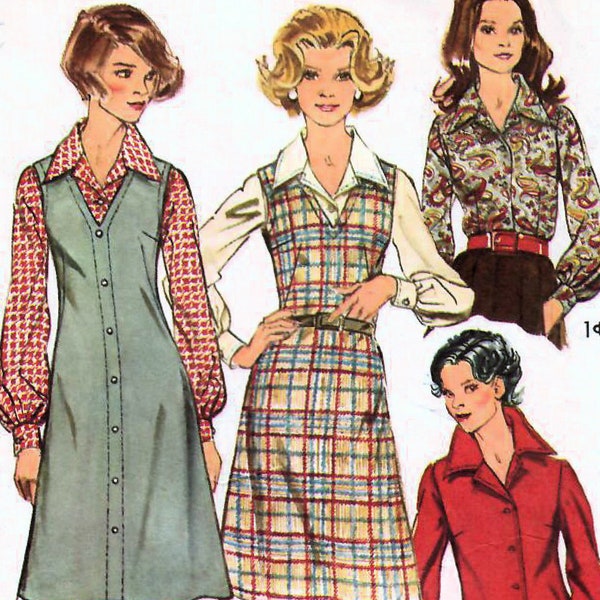 1970s Simplicidad 5913 Vintage Sewing Pattern Misses Shirtwaist Blouse, A-line Jumper Size 12 Bust 34, Size 14 Bust 36