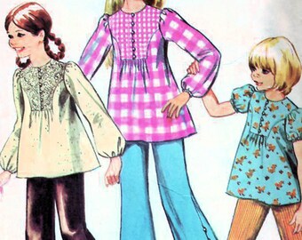 1970s Simplicity 5381 Vintage Sewing Pattern Girls Tunic Top, Long Flared Pants Size 7