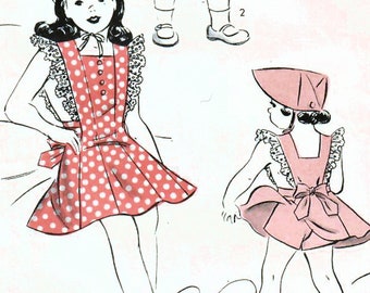 1940s Hollywood 1128 Vintage Sewing Pattern Girls Princess Sundress, Pinafore, Bonnet, Panties Size 2