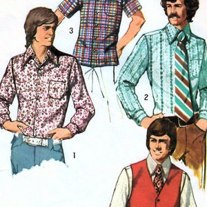 May include: A sewing pattern for men's shirts with three different views. View 1 has a collar and neckband all-in-one. Views 2 and 3 have a shirt collar without a neckband. The pattern is from Simplicity and is size 34.