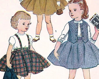 1950s Simplicity 3992 Vintage Sewing Pattern Girl's Suspender Circle Skirt, Cropped Jacket, Weskit or Vest Size 3, Size 4