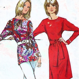 1970s Simplicity 9983 Vintage Sewing Pattern Misses Dolman Sleeve Dress, Tunic Top Size 12 Bust 34, Size 16 Bust 38