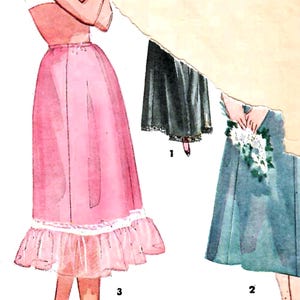 Puede incluir: Ilustración de tres vestidos vintage. El primero es un vestido lencero rosa con un dobladillo con volantes. El segundo es un vestido verde azulado con un ramo. El tercero es un vestido lencero negro con ribete de encaje.