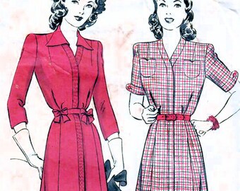 1940s Hollywood 1276 Vintage Sewing Pattern Shirtwaist Dress, One Piece Dress, Button Down Dress Misses Size 12 Bust 30