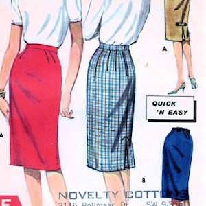 May include: Vintage Butterick sewing pattern 2151 featuring pencil skirts. The illustration shows women wearing a red, plaid, and tan skirt. The pattern includes measurements for hip 34 and waist 25. The text reads "Quick 'N Easy" and "One Yard Line."