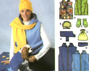 2000s Simplicity 5333 UNCUT Vintage Sewing Pattern Fleece Accessories, Hooded Vest, Hats, Headband, Mittens, Scarf, Blanket, Dog Coat