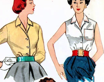 1950s Simplicity 4256 Vintage Sewing Pattern Jr Misses & Misses Blouses Size 13 Bust 31, Size 14 Bust 32, Size 18 Bust 36