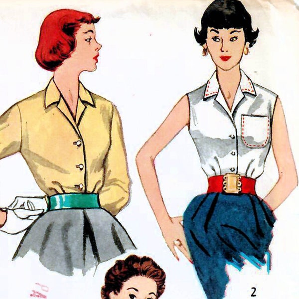 1950s Simplicity 4256 Vintage Sewing Pattern Jr Misses & Misses Blouses Size 13 Bust 31, Size 14 Bust 32, Size 18 Bust 36