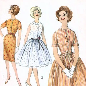1960s Simplicidad 4447 Vintage costura patrón falda completa vestido camisero, vestido delgado junior petite tamaño 7jp busto 32, tamaño 9jp busto 32-1/2