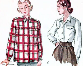 1940s Simplicity 2684 Vintage Sewing Pattern Misses Blouse, Shirt, Sports Shirt Size 12 Bust 30, Size 16 Bust 34