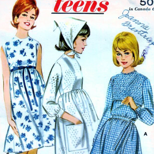 1960s Butterick 2986 UNCUT Vintage Sewing Pattern High Waist Dress, Smocked Dress, Empire Waist Dress Sub-Teen Size 10s Bust 29