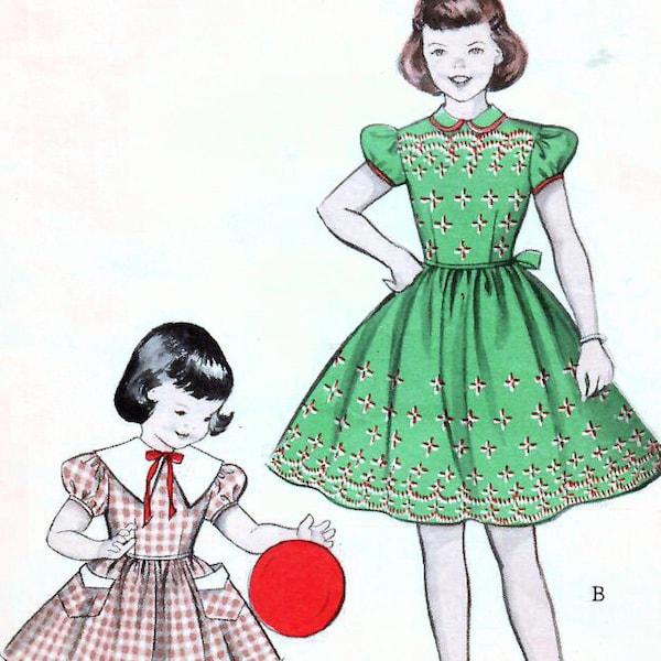 1950s Butterick 6663 UNCUT Vintage Sewing Pattern Girls Full Skirt Dress, Party Dress Size 10