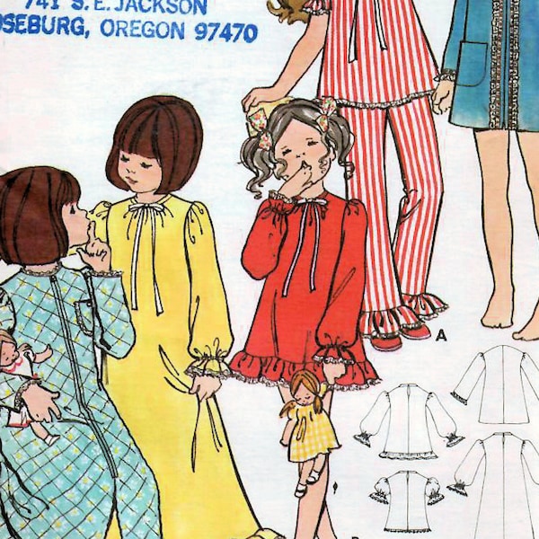 1970s Butterick 5988 UNCUT Vintage Sewing Pattern Pajamas, Short Nightgown, Long Nightgown, Short Robe, Long Robe Girls Size 2