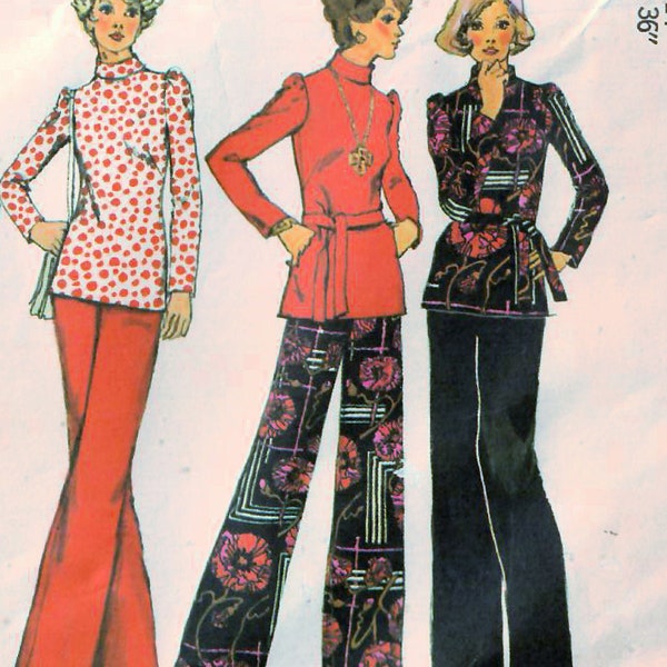 1970s Simplicity 6029 UNCUT Vintage Sewing Pattern Misses Turtleneck Top, Shirtwaist Blouse, Long Flared Pants Size 14 Bust 36