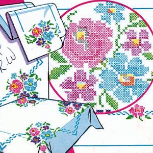 1940s Vogart 116 / 719  UNCUT Vintage Transfer Pattern Handsome Petit Point Pattern, Rose Cross Stitch, Floral Embroidery