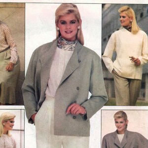 May include: A vintage sewing pattern for women's clothing. The pattern is for a blazer, pants, and a blouse. The pattern is from Butterick and is number 6312. The pattern is for size 8.