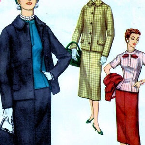 Patrón de costura vintage Simplicity 1321 SIN CORTAR de los años 50, traje de tres piezas, chaqueta tipo boxer, falda ajustada y blusa, talla media 16-1/2, busto 35