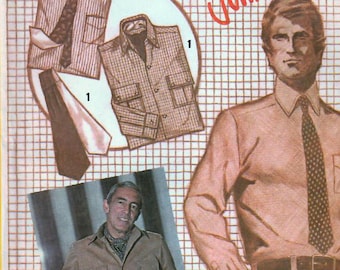 1980s Simplicity 9792 Vintage Sewing Pattern Men's Shirt, Shirt-Jacket, Ascot and Tie, Designer John Weitz Size 42, Size 44, Size 46