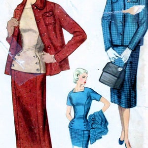 1950s Simplicidad 1310 UNCUT Vintage costura patrón traje de 3 piezas, falda delgada, chaqueta de caja, blusa ajustada Misses tamaño 14 busto 32