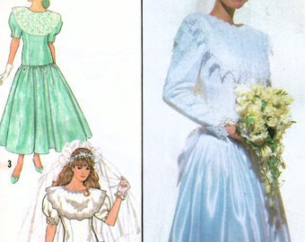 1980s Simplicity 9009 UNCUT Vintage Sewing Pattern Misses Drop Waist Bridal Dress, Full Skirt Wedding Gown, Jessica McClintock Misses Size 8