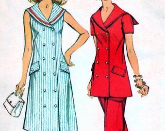 1970s Simplicity 5566 UNCUT Vintage Sewing Pattern Misses Nautical Dress, Sailor Dress, Tunic, Pants Size 12 Bust 34