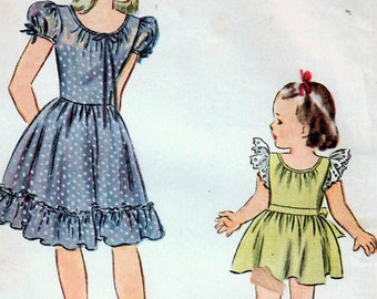 1940s McCall 7363 Vintage Sewing Pattern Girls Yoked Dress, Button 
