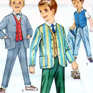 1960s Simplicity 4836 Vintage Sewing Pattern Boys 3-Piece Suit, Jacket, Vest, Pants Size 2
