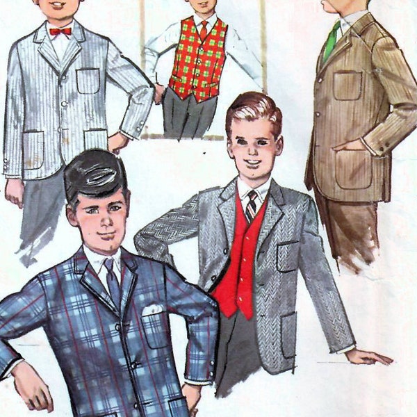 1960s Simplicity 6108 Vintage Sewing Pattern Boys Tailored Jacket, Fitted Vest Size 12, Size 14