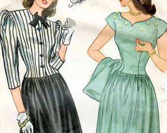1940s Simplicity 1564 Vintage Sewing Pattern Misses Party Dress, Drop Waist Dress, Fitted Jacket Size 14 Bust 32