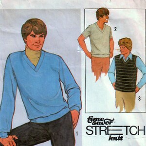May include: A sewing pattern for a men's sweater, vest, and t-shirt. The pattern is from Simplicity and the pattern number is 8640. The pattern is for sizes 38, 40, and 42. The pattern is for stretch knit fabric.