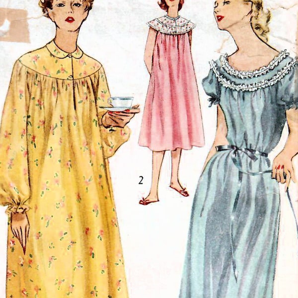 1950s Simplicity 4140 Vintage Sewing Pattern Misses Long Nightgown, Short Nightgown Size 12 Bust 30, Size 20 Bust 38