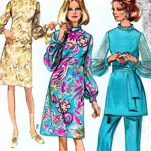 1970s Simplicity 9084 UNCUT Vintage Sewing Pattern A-line Dress, Tunic, Pants Misses Half Size 18-1/2 Bust 41, Size 20-1/2 Bust 43