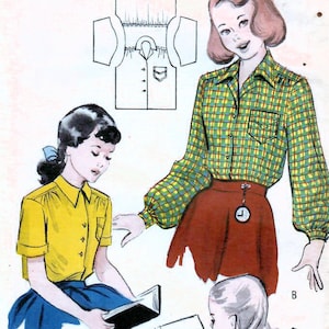 1950s Butterick 5178 Vintage Sewing Pattern Girls Shirtwaist Blouse, Shirt Size 4