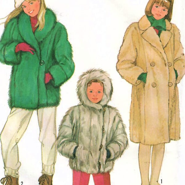 1980s Simplicité 7196 vintage non coupé Modèle de couture Filles Manteau de fausse fourrure, manteau court, taille de veste Grande