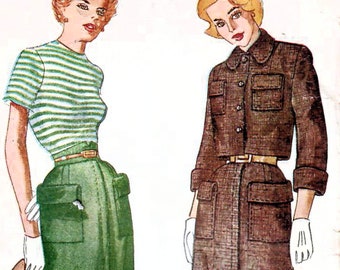 1940s Simplicity 2942 Vintage Sewing Pattern Misses Suit, Midi Skirt, Cropped Jacket, Tailored Jacket Size 12 Bust 30, Size 14 Bust 32