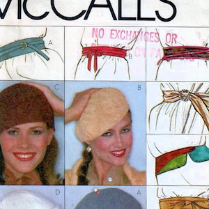 Könnte beinhalten: Ein Schnittmuster für einen Hut und einen Gürtel. Das Schnittmuster ist für McCall's Schnittmuster Nummer 6849. Das Schnittmuster enthält Anweisungen für die Herstellung einer Vielzahl von Hüten und Gürteln, darunter eine Baskenmütze, ein Glockenhut und ein breiter Gürtel. Das Schnittmuster ist für Größe E.