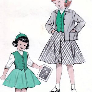 1950s Butterick 6664 Vintage Sewing Pattern Girls Flared Skirt, Fitted Vest, and Box Jacket Size 6