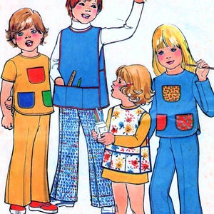 1970 年代 シンプリシティ 7103 ヴィンテージ ソーイング パターン トップ、スモック、アート エプロン、パンツ ガールズ サイズ 4