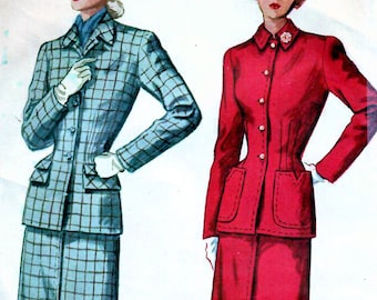 1940s Simplicity 2574 Vintage Sewing Pattern Misses Two-Piece Suit, Fitted Jacket, Midi Skirt Size 12 Bust 30