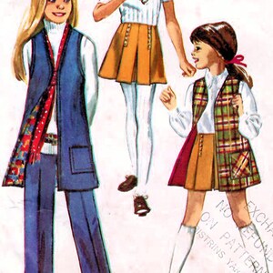 1970s Simplicity 8947 Vintage Sewing Pattern Girls Mini Skirt, Long Pants, Reversible Long Vest  Size 7, Size 8