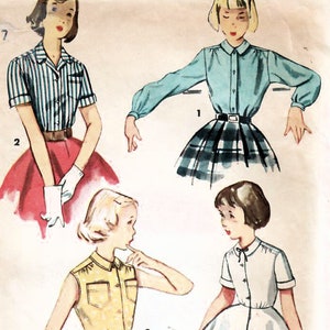 1950s Simplicity 4419 Vintage Sewing Pattern Girls Shirtwaist Blouse, Shirt, Blouse-Slip Size 7, Size 8, Size 10, Size 14
