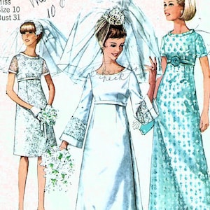 1960s Simplicity 7084 Vintage Sewing Pattern Misses Wedding Dress Bridesmaid Dress Size 10 Bust 31, Size 12 Bust 32