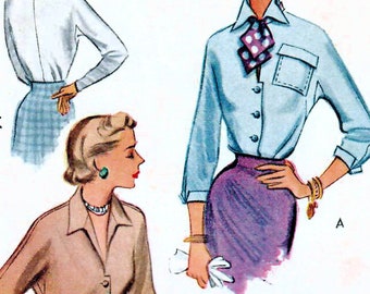 1940s McCall 7802 UNCUT Vintage Sewing Pattern Shirtwaist Blouse, Scarf, Ascot Misses Size 16 Bust 34