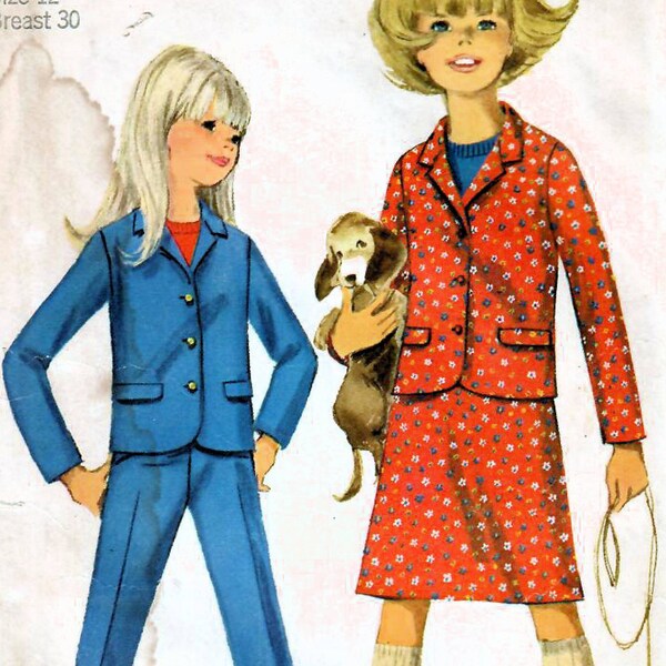 1960s Simplicity 6762 Vintage Sewing Pattern Box Jacket, A-line Skirt, Slim Pants Girls Size 12