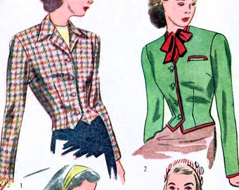 1940s Simplicity 4749 Vintage Sewing Pattern Misses Fitted Vest, Fitted Jacket Size 12 Bust 30, Size 16 Bust 34
