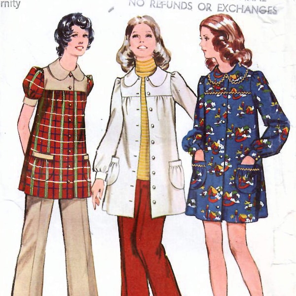 1970s Simplicity 5368 Vintage Sewing Pattern Maternity Yoked Dress, Smock Top, Pants Miss Size 8 Bust 31.5, Size 12 Bust 34, Size 16 Bust 38