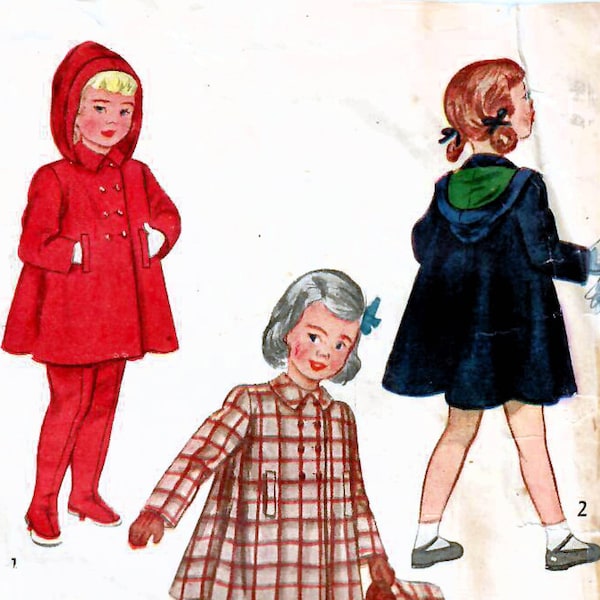 1940s Simplicity 2578 Vintage Sewing Pattern Girls Trapeze Coat, Swing Back Coat, Hooded Coat, Leggings Size 3, Size 4, Size 6