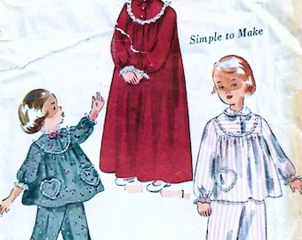 1950s Simplicity 3376 Vintage Sewing Pattern Girl's Long Nightgown, Two Piece Pajamas Size 1, Size 2, Size 4