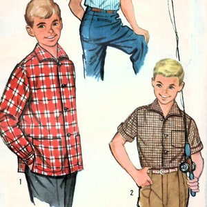 May include: Vintage Simplicity pattern featuring illustrations of boys' shirts and pants. The pattern includes a red and white plaid shirt, a blue and white striped shirt, and a brown and white checkered shirt. The pattern is size 6 and costs 40 cents.