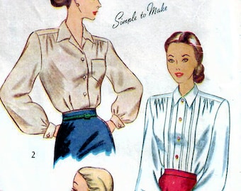 1940s Simplicity 2277 Vintage Sewing Pattern Misses Blouse, Shirtwaist Blouse Size 14 Bust 32